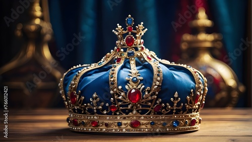 Beautiful queen king crown resting atop a wooden table in a low-key photograph. antique blue, red, and gold filtered crown