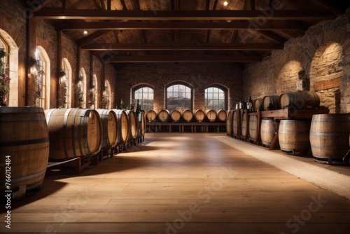 vintage winery with wooden wine barrels in warehouse