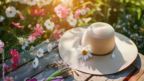Artistic closeup of a stylish widebrim sun hat on a sunlit wooden table, surrounded by summer flowers and fashion accessories photo