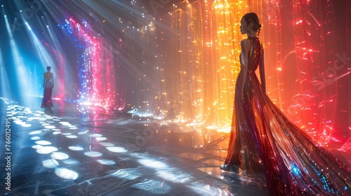 A fashion model in a futuristic metallic gown walking confidently down a runway, surrounded by dynamic, colorful lighting. Ensure the scene captures the reflective textures of the dress in high detail