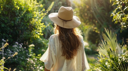 Chic summer outing, a model dons a widebrim sun hat, fashionably paired with airy linen attire, strolling through a lush garden photo