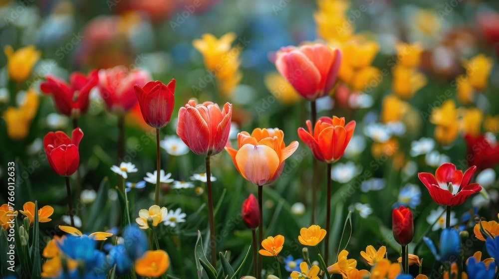 Vibrant Spring Blooms in a Field of Colorful Flowers Vibrant Spring Blooms in a Field of Colorful Flowers