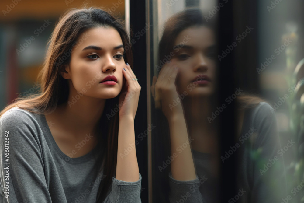 woman lost in thought while leaning on the window woman lost in thought while leaning on the window