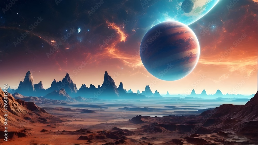 Science fiction background with an alien planet's landscape and another planet's surface visible.
