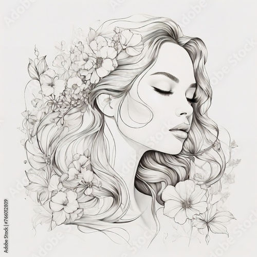 Abstract female face in one line. Woman face with flowers Surreal Line art female floral girl. Minimalism Abstract modern Continuous single line woman face portrait 