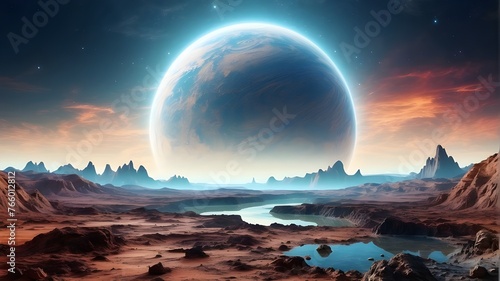 Science fiction background with an alien planet's landscape and another planet's surface visible. © Shehzad