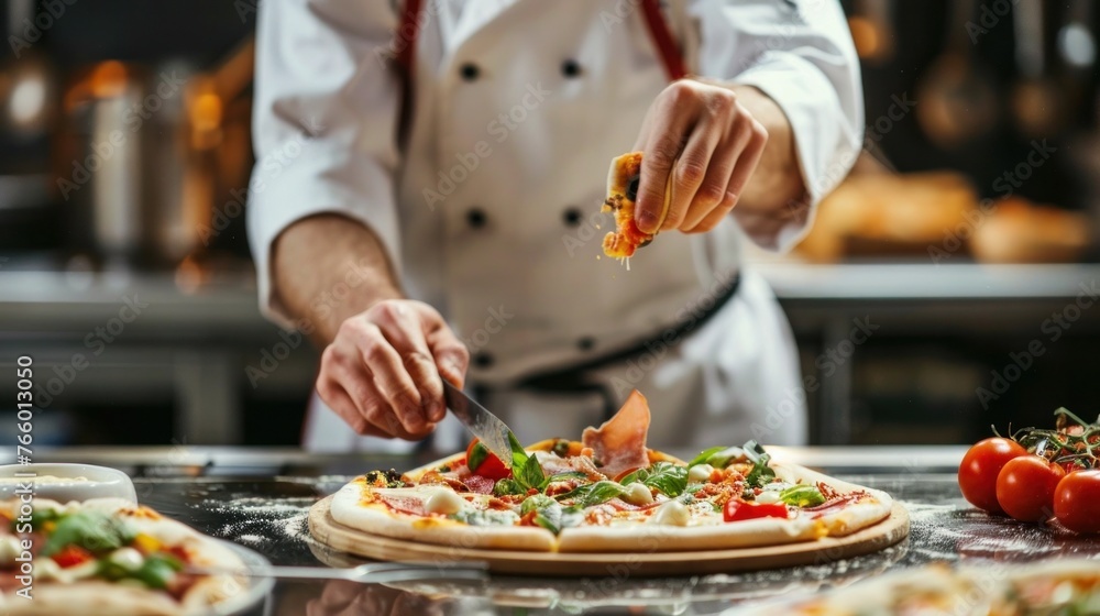 A chef is preparing a pizza.