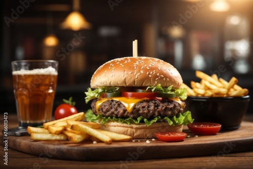 delicious burger and fries on wooden table, unhealthy foods