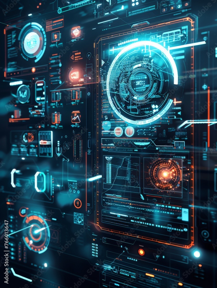 Cybernetic Interface: A futuristic and abstract digital interface with glowing blue and orange elements, featuring intricate patterns, data visualizations, and a sense of technological advancement Cybernetic Interface: A futuristic and abstract digital interface with glowing blue and orange elements, featuring intricate patterns, data visualizations, and a sense of technological advancement