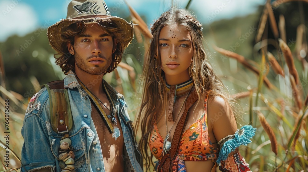 A male and female model in eco-friendly, sustainable fashion, promoting environmental consciousness on a runway surrounded by natural, organic elements. 