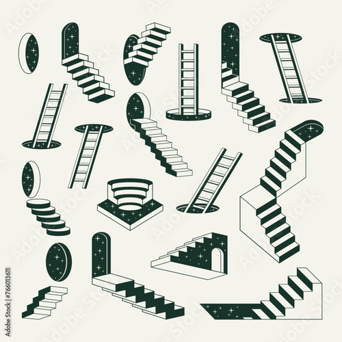 Geometric ladders. Monochrome abstract surreal stairs, minimal outline stairway elements flat vector illustration set. Minimal design staircases collection