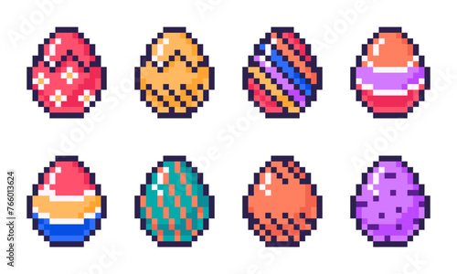 Pixel 8 bit eggs. Easter pixel art eggs, painted chicken arcade game eggs, chicken egg hunt game flat vector illustration set. Cute painted pixel eggs