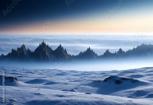 A breathtaking view of Europa's icy plains, bathed in soft moonlight, with wisps of fog slowly drifting across the frozen landscape. © M