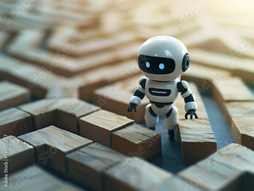 AI Navigating the Labyrinth: A miniature robot pauses at a crossroads within a complex wooden maze, symbolizing the challenges and triumphs of artificial intelligence in problem-solving and decision