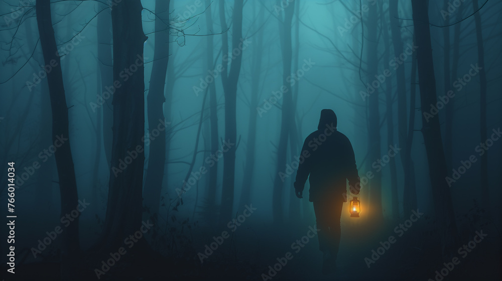 Person with lantern in the middle of foggy deep forest