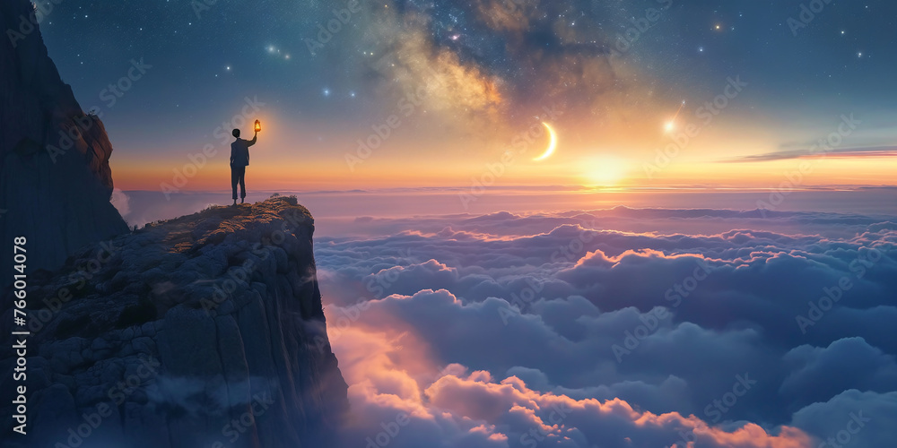 Person with lantern on the edge of rock cliff with sea of clouds and milky way stars at sunrise