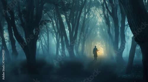 Person with lantern in the middle of foggy forest © Maizal