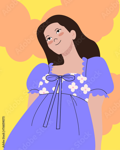 Woman looking at the sky. Woman wallpaper. International Women's Day. Girl with a purple dress with a sky background. Hand Made Vector. Character.	