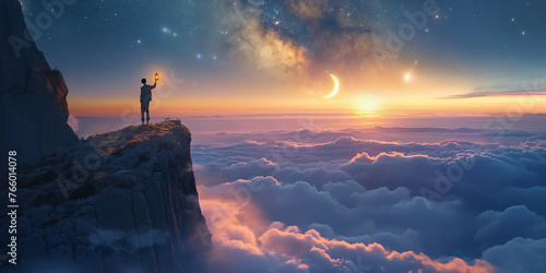 Person with lantern on the edge of rock cliff with sea of clouds and milky way stars at sunrise