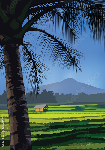 Coconut tree silhouette with mountain blue at the background as vector for background design.