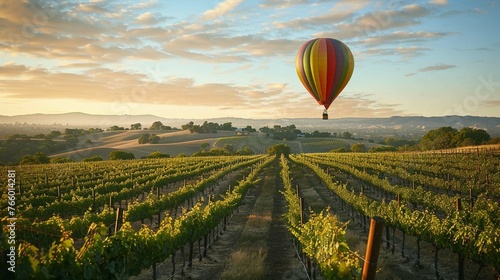 photo of a hot air balloon floating over a vineyard. 