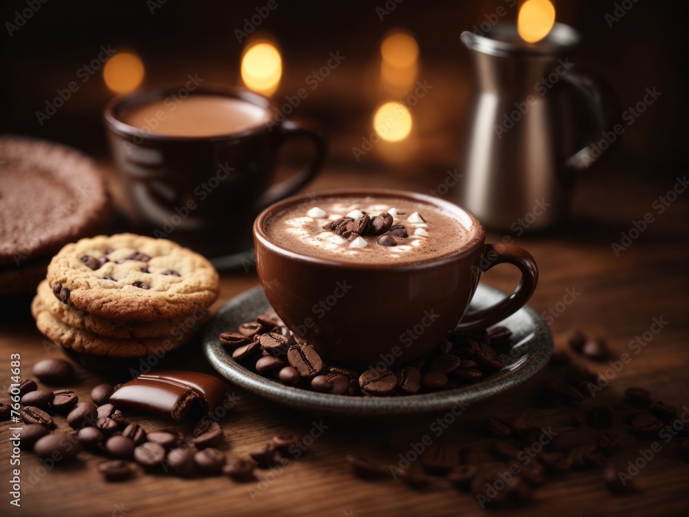 Fototapeta premium hot chocolate in cup, coffee beans and freshly baked cookies on wooden table for breakfast