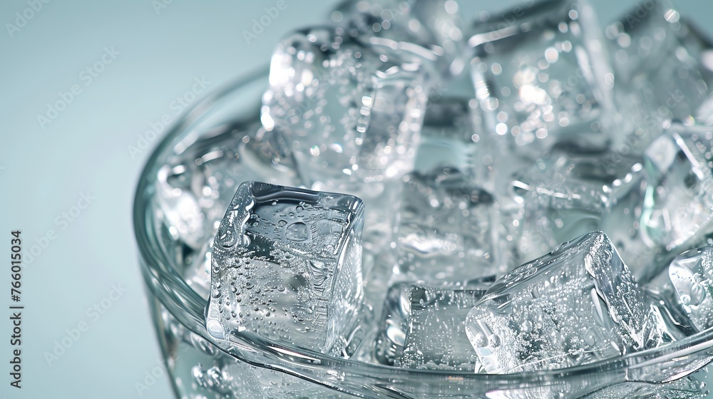 Refreshing ice cubes in a clear glass of water on a light background, perfect for cooling drinks