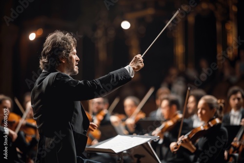 Conductor directing symphony orchestra with performers on background, light at a club concert