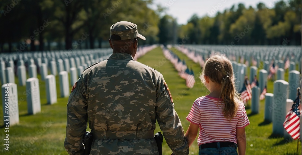 father in military uniform holding hands with daughter near american flags Memorial or Veterans Day,4 July,independence day,labor day