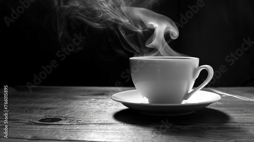 The coffee cup and saucer would be stark white, with the steam appearing almost like a burst of light rising from the cup. The background would be a deep black.