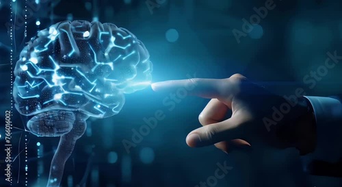 The technology concept, of a digital blue glow hand of human touch digital glow brain, generative ai