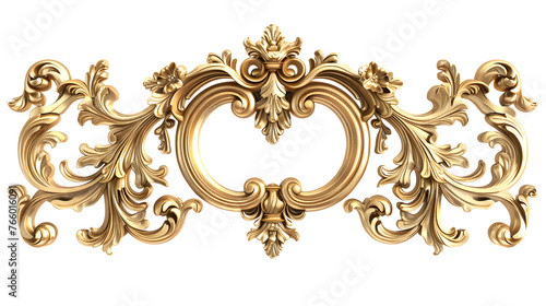 3D render of vintage gold baroque frame scroll, gold ornament on transparent background 