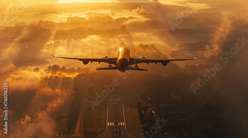 Golden Hour Flight: A photo of a large airplane flying through a golden mist at sunrise, its wings catching the first rays of sunlight and casting a long, dramatic shadow on the landscape below.
