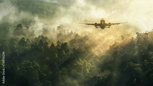 A large airplane flying low over a dense forest 