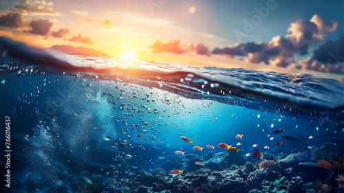 half under water view of scenic sea landscape with blue water and fishes at sunset  photo