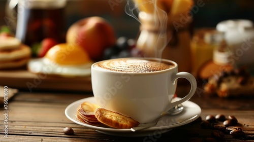 A cup of coffee on a wooden table with a breakfast spread beside it