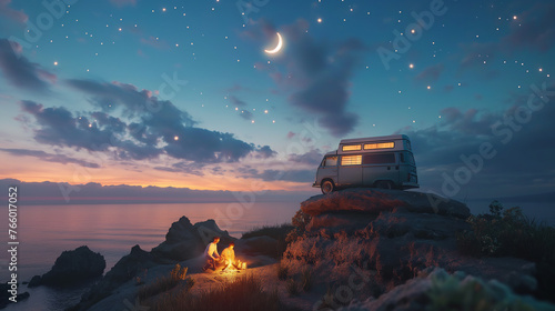 persons camping with camper van on the edge of rock cliff by the sea at morning sunrise 