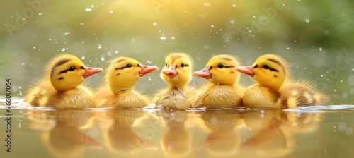 Adorable ducklings curiously exploring the serene beauty of a shimmering pond in the natural habitat