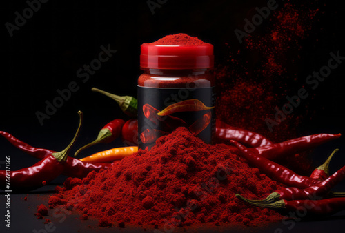 Chilli powder and red chilies are presented in a spray-paint based style with explosive pigmentation and vibrant colors. photo