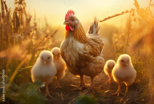 At sunset, chickens walk in the grass, styled with explosive pigmentation and villagecore aesthetics.