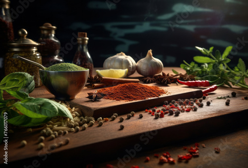 A board showing seasonings is on a wooden counter, styled with a serene and peaceful ambiance, showcasing eco-friendly craftsmanship.