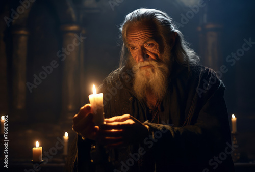 In a church, an old man holds a candle, presented in a graceful, cinematic style.
