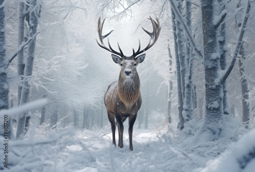 Styled with hyper-realistic animal illustrations, a deer stands in a snow-covered winter forest. © Duka Mer
