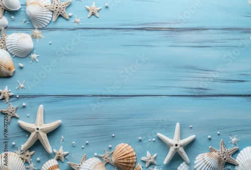 Seashells and starfish on a blue wooden floor, with clean and simple designs. photo