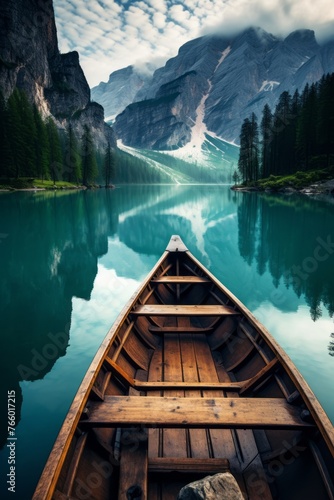 With mountains at the end, a boat in a blue lake, styled in weathercore, wood, emerald and brown.