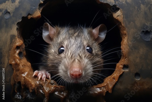 In a hyperrealist style, a rat with shiny eyes peeks out from a sewer pipe. © Duka Mer