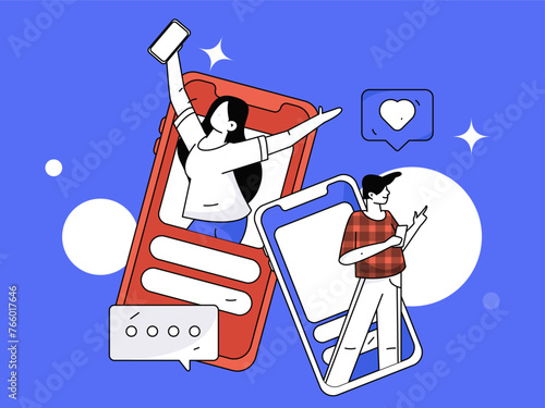 Virtual characters social communication concept business flat vector hand drawn illustration
