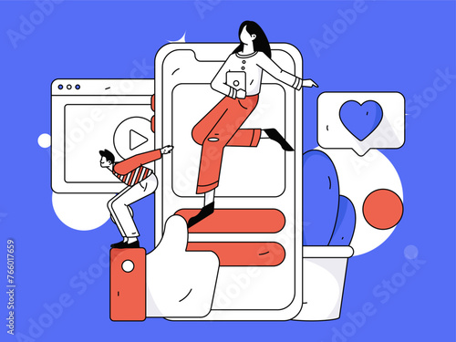 Virtual characters social communication concept business flat vector hand drawn illustration

