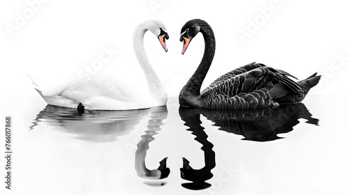 black and white swan swimming together next to each other isolated on a transparent background 