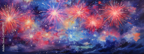 Spectacular Fireworks Display in Night Sky Watercolor Artwork